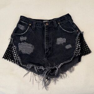 Wrangler x Furst of a Kind Black Distressed Jean Shorts with Soft DIY Mesh Sides